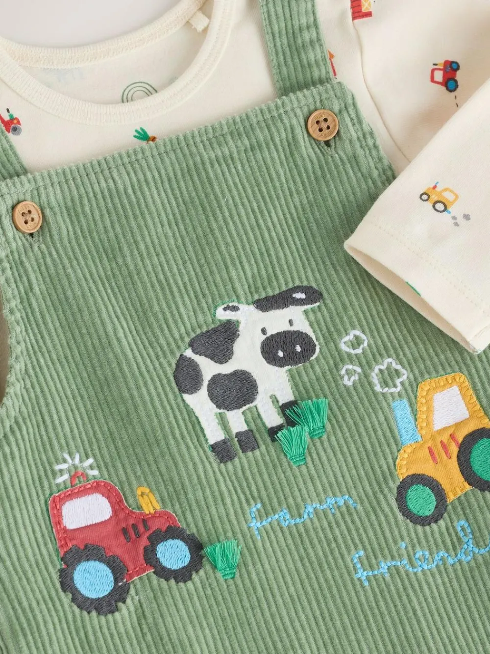 Next Green Farm Cord Dungarees and Bodysuit Set (0mths-2yrs)^BOY Rompers & Overalls|Dungarees