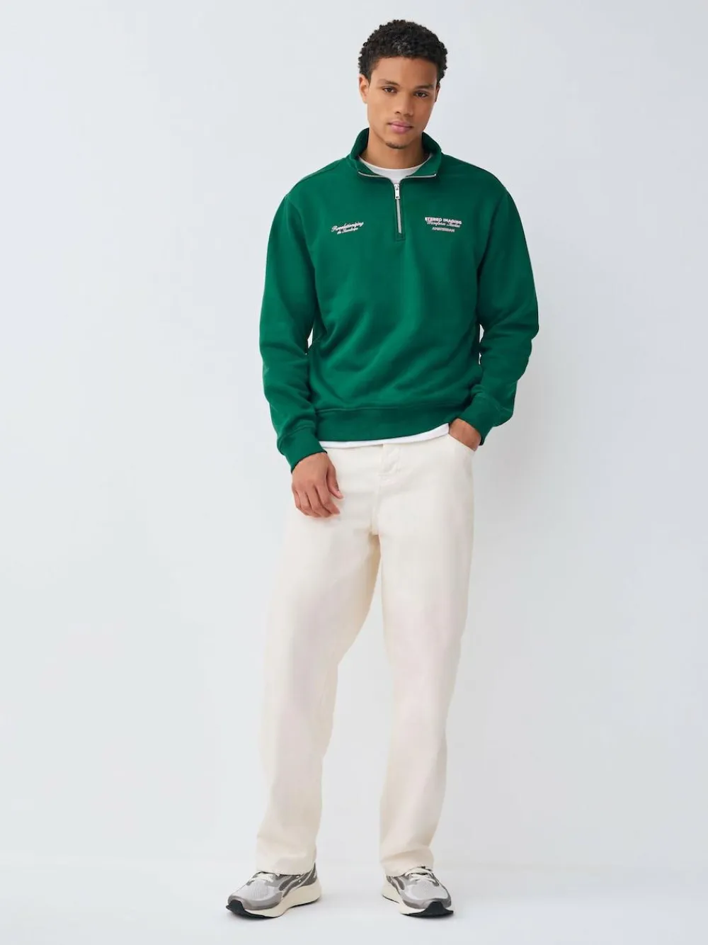 Online Next Simple Text Graphic Print Quarter Zip Neck Sweatshirt Green