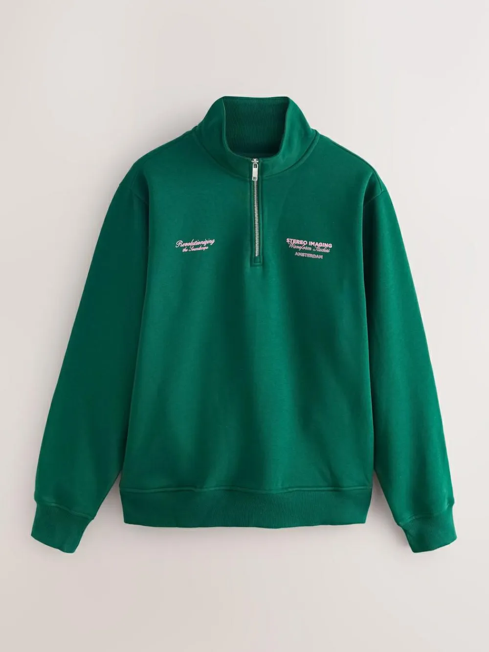 Online Next Simple Text Graphic Print Quarter Zip Neck Sweatshirt Green