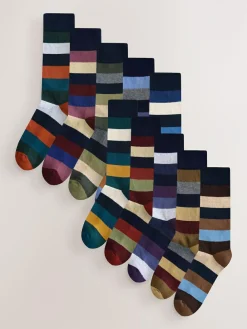 Hot Next Striped Cushioned Sole Comfort Socks 10 Pack Green/Blue/Grey