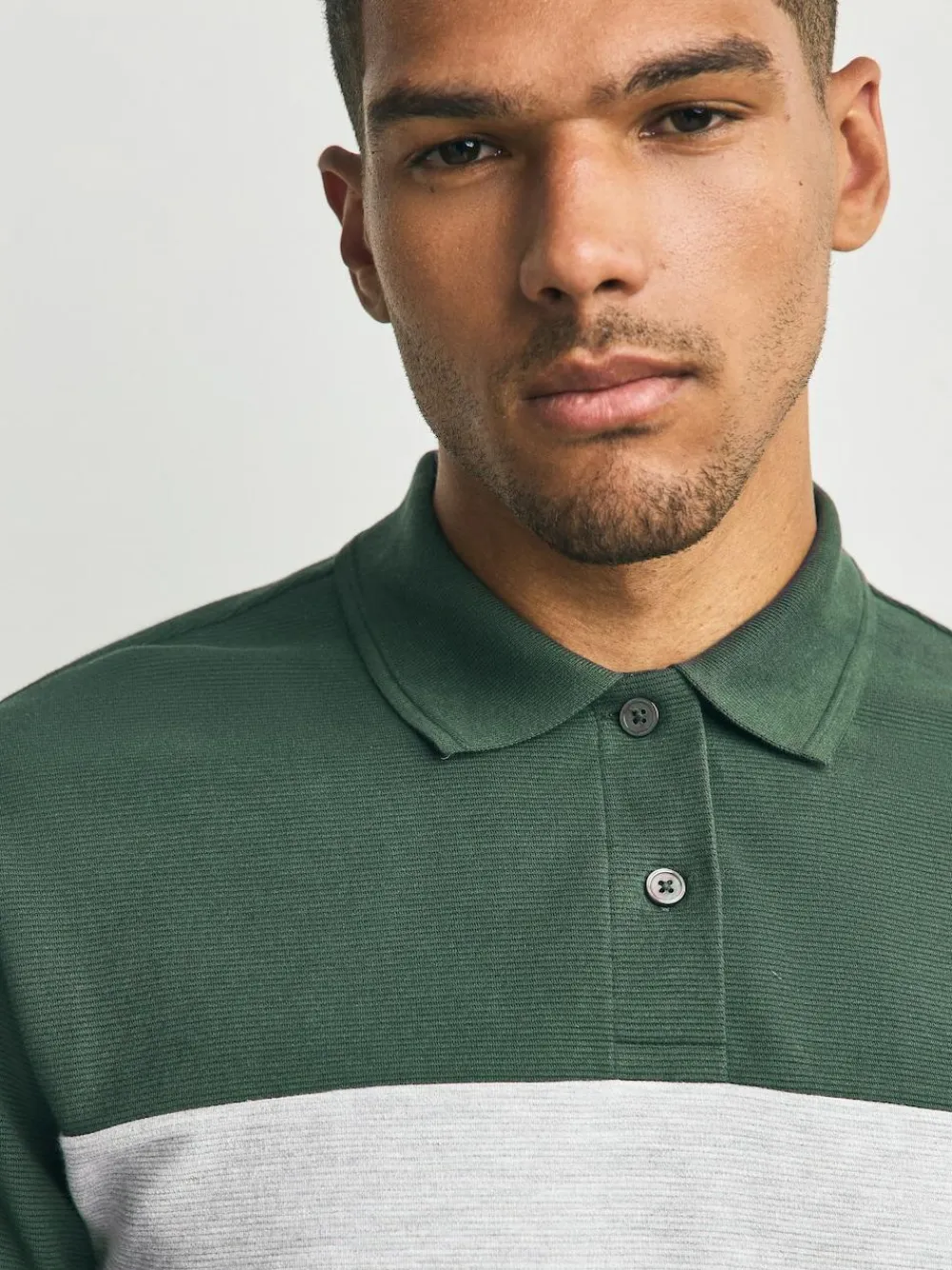 Clearance Next 100% Cotton Short Sleeve Button Up Block Polo Shirt Green/Grey
