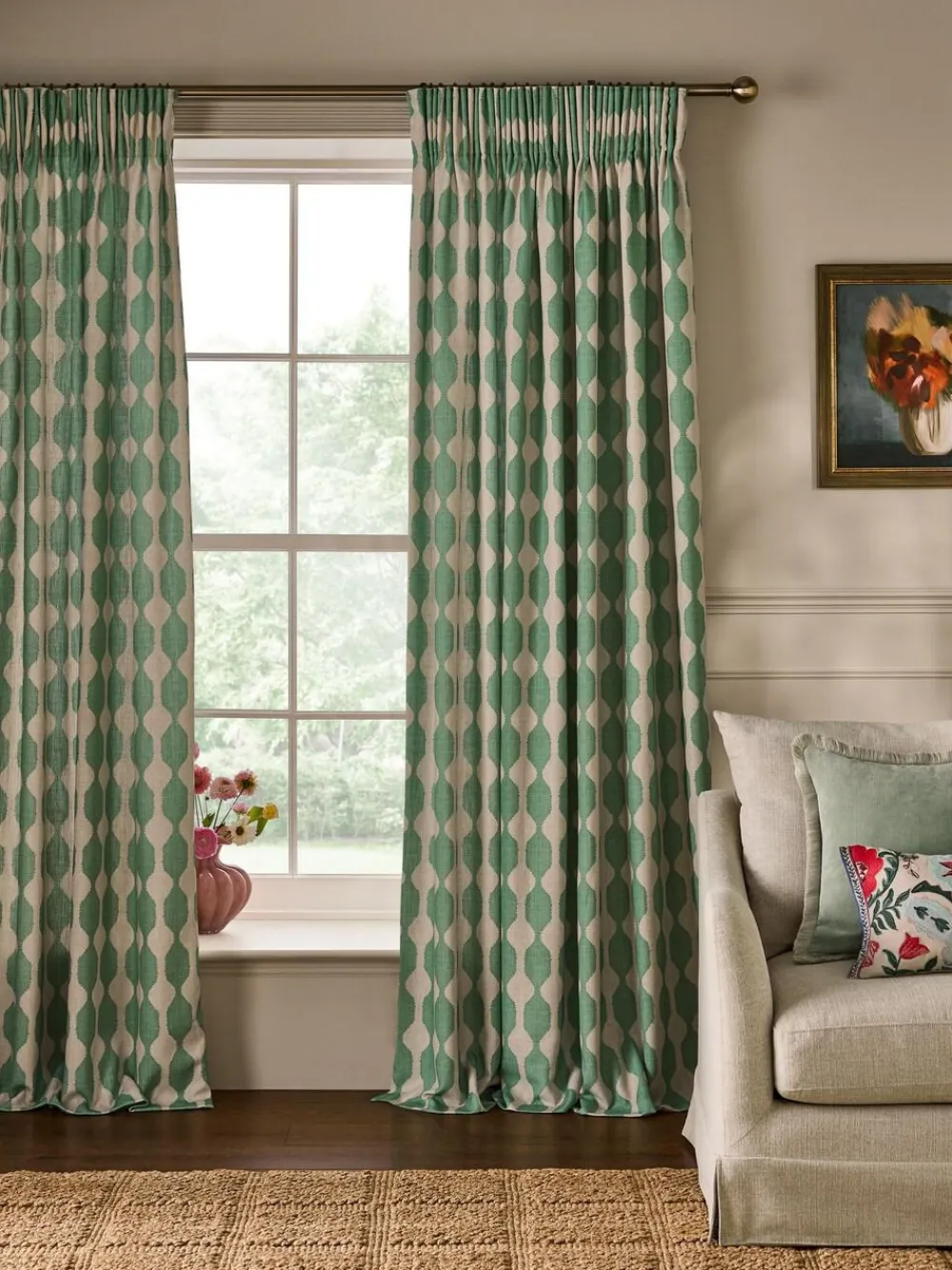 New Next Green/Natural Wiggle Print Touch of Linen Pencil Pleat Lined Curtains