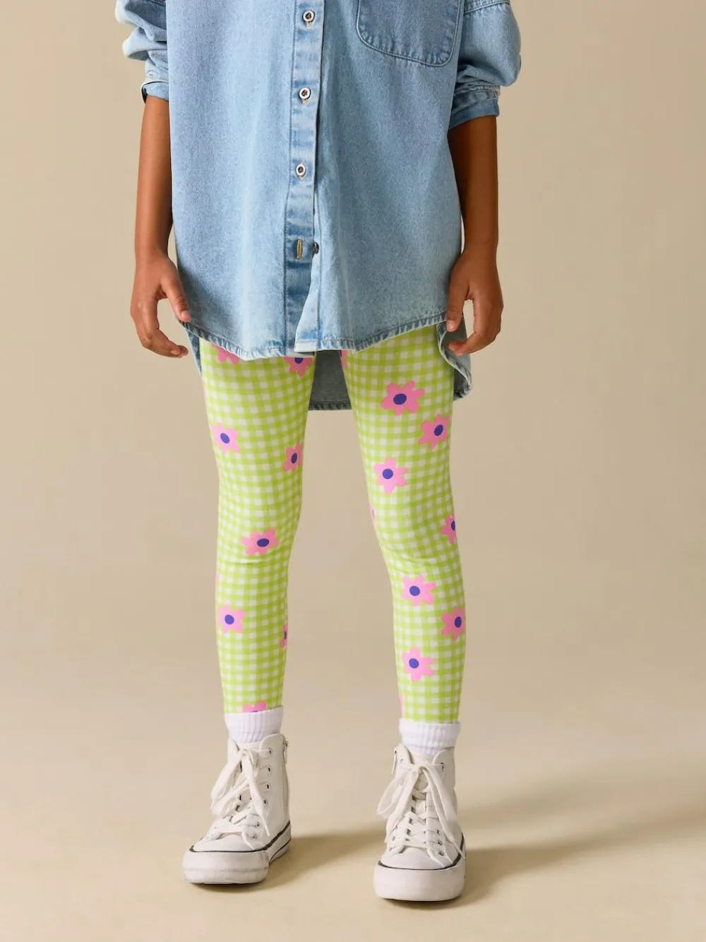 New Next Green/Pink Gingham Flower Leggings (3-16yrs)