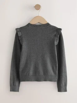 Next Grey Cotton Rich Frill Shoulder School Cardigan (3-16yrs)^ Knitwear|Knitwear