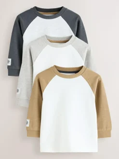 Outlet Next Grey Long Sleeve Raglan T-Shirts 3 Pack (3mths-7yrs)