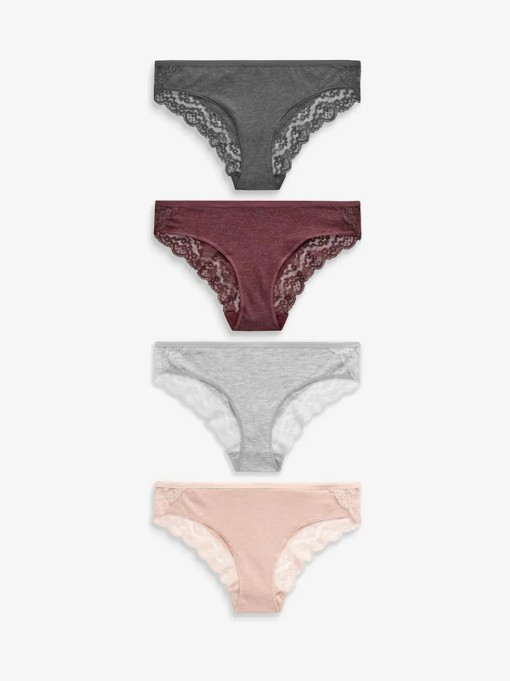 Next Grey Marl/Pink/Plum Bikini Cotton Lace Knickers 4 Pack^Women Panties