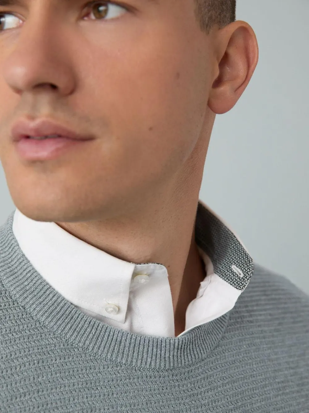 New Next Regular Fit Textured Oxford Mock Shirt Jumper Grey