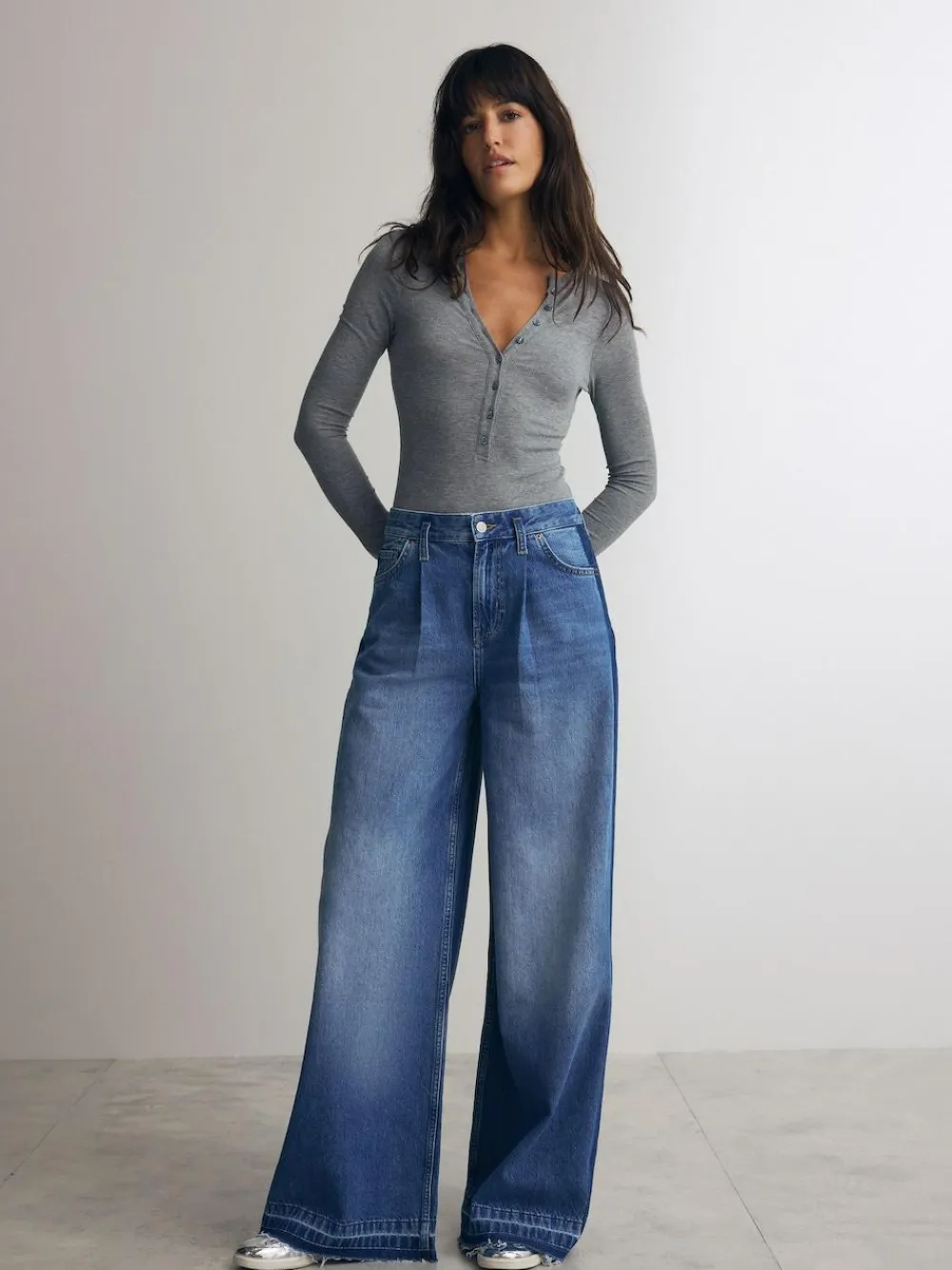 Next Ribbed Long Sleeve Henley Bodysuit Grey