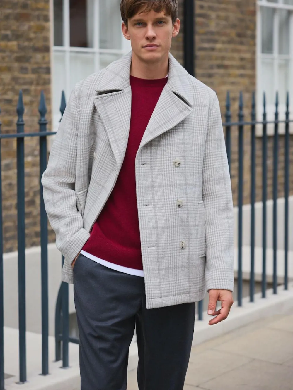 Next Grey Wool Blend Soft Touch Check Pea Coat^ Coats & Jackets|Coats & Jackets