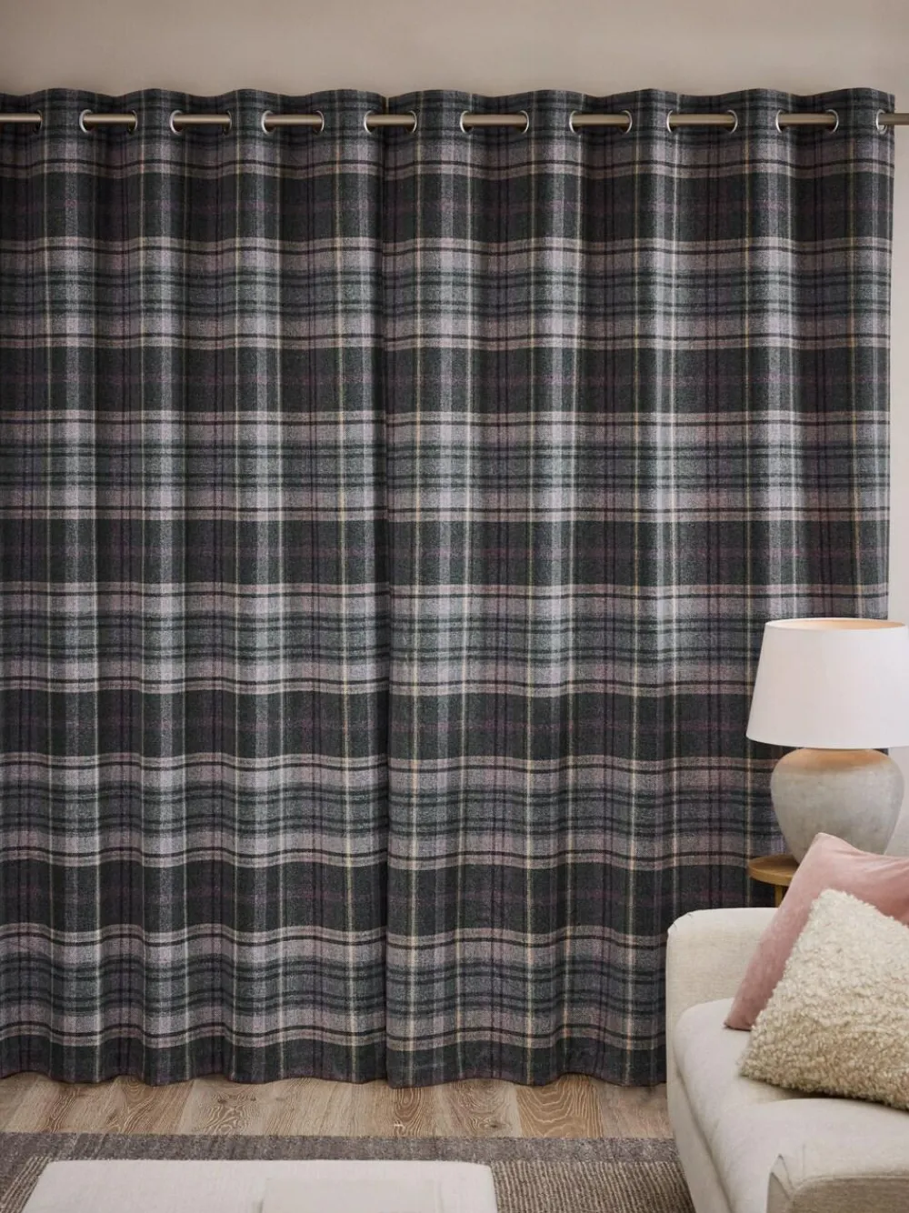 New Next Grey/Pink Brushed Check Super Thermal Eyelet Curtains