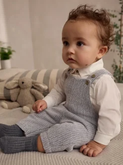 Discount Next Woven Cotton Baby Dungaree and Bodysuit Set (0mths-3yrs) Grey/White