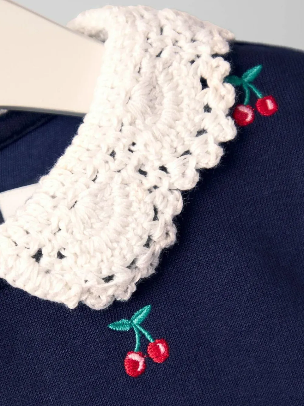 Jojo Maman Bébé Navy Blue Cherry Crochet Collar Embroidered Sweat Dress^ Dresses
