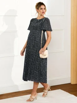 New Jojo Maman Bébé Navy Chiffon Pleated Nursing Midi Dress