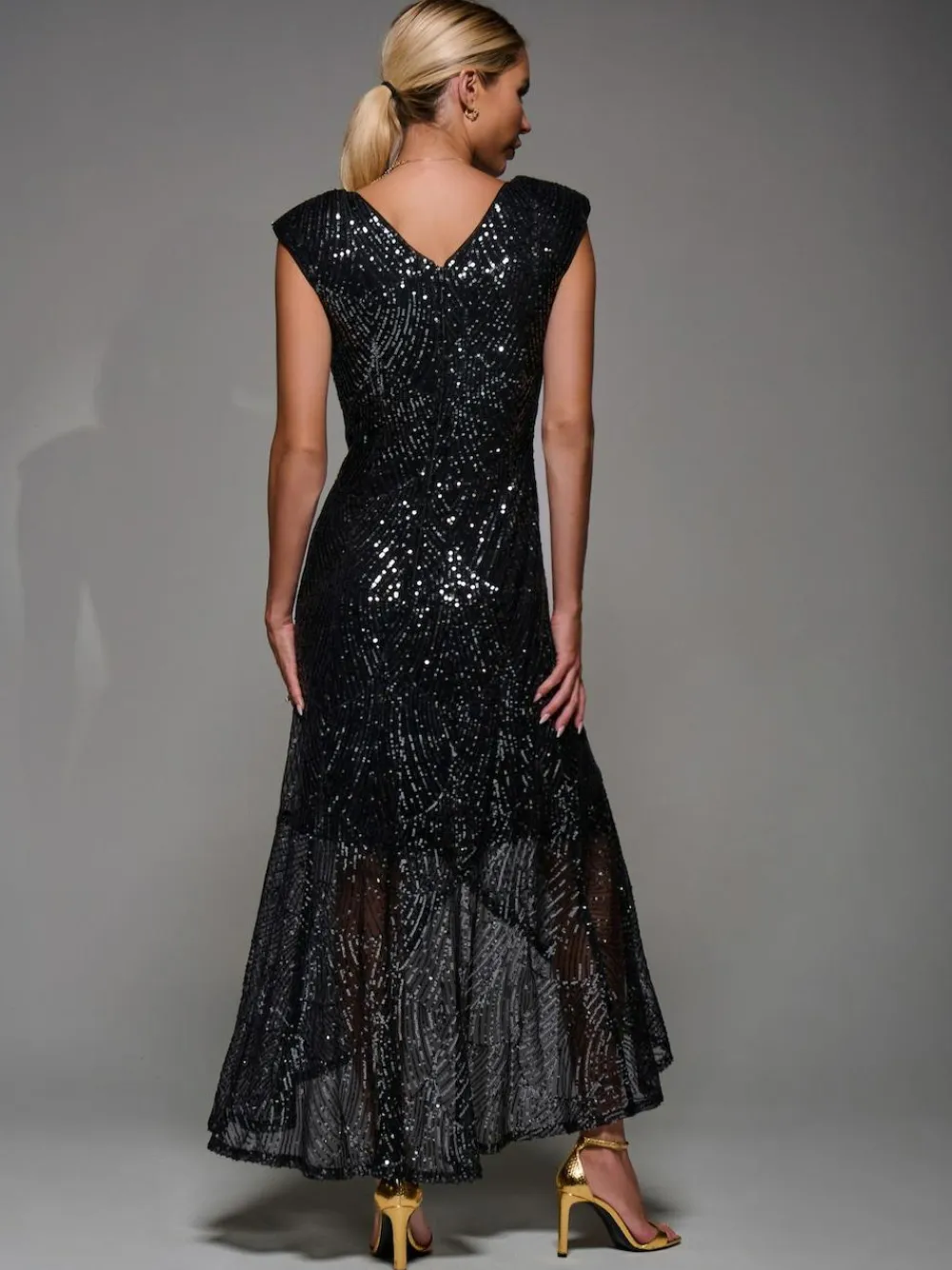 Jolie Moi Black Chrome Sequin Asymmetric Ruffle Hem Maxi Dress^Women Maxi Dresses