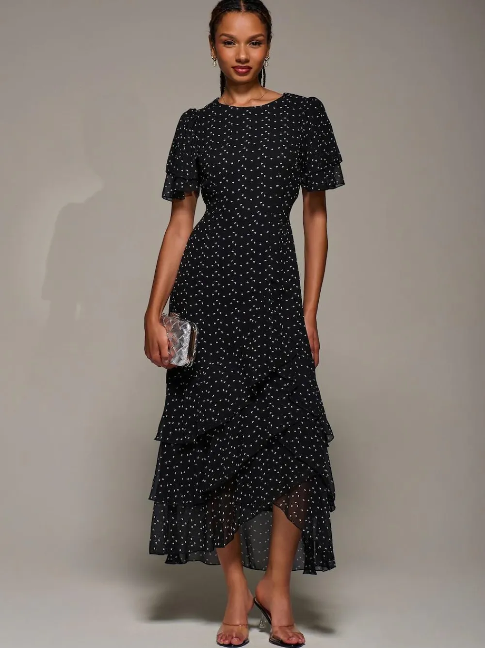 Hot Jolie Moi Ruffle Detail Chiffon Midaxi Dress Black