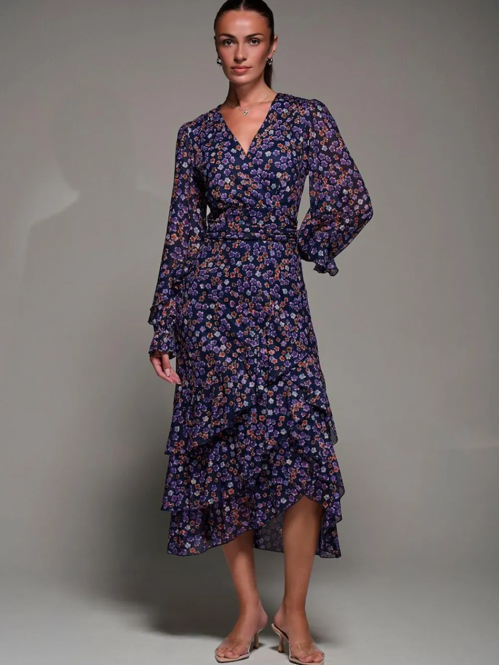 Jolie Moi Long Sleeve Frill Detail Mesh Maxi Dress^Women Occasionwear|Occasion Dresses