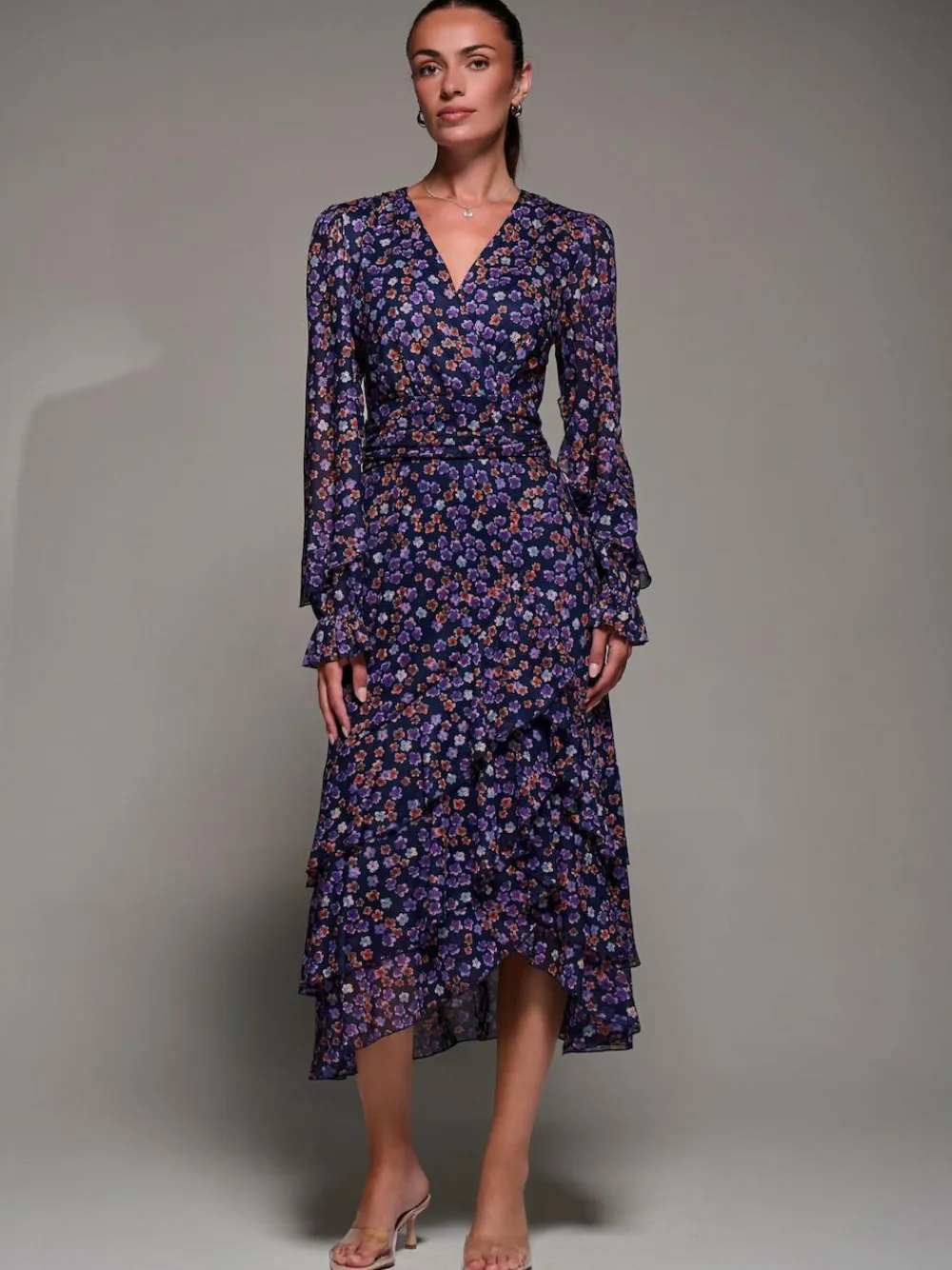 Jolie Moi Long Sleeve Frill Detail Mesh Maxi Dress^Women Occasionwear|Occasion Dresses
