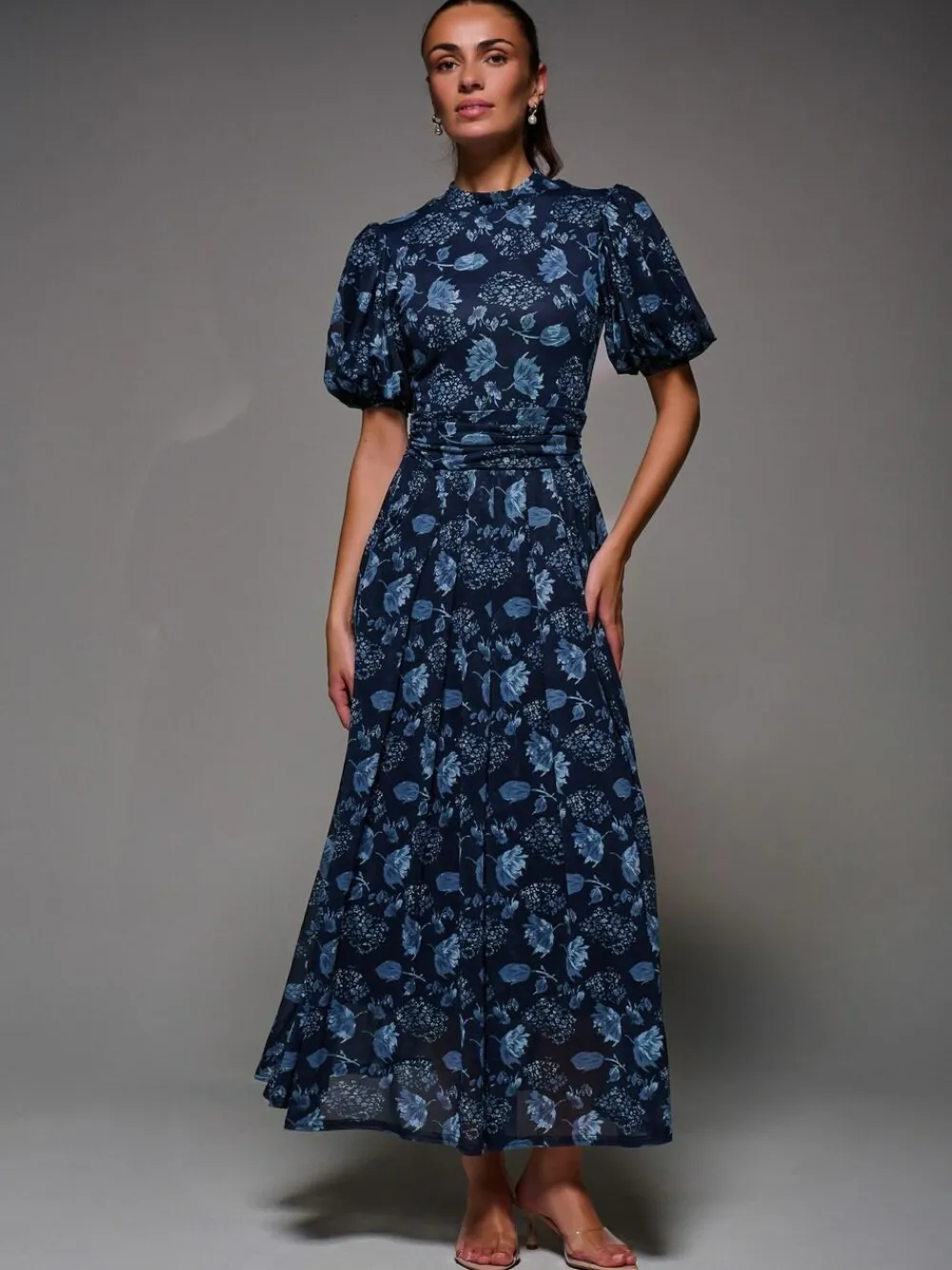 Hot Jolie Moi Puffy Sleeve Printed Mesh Maxi Dress Blue
