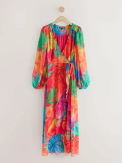 Next Kew Collection Bright Floral Occasion Long Sleeve Wrap Midi Dress^Women Occasion Dresses|Maxi Dresses