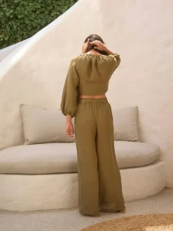 Next Khaki Green 100% Linen Premium Wide Leg Trousers^Women Pants