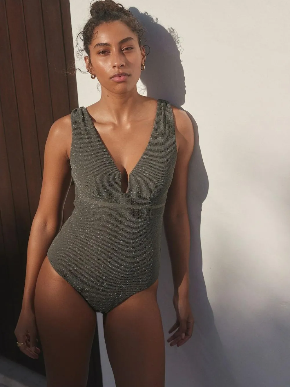 Discount Next Khaki Green Glitter Plunge Shaping Tummy Control Swimsuit