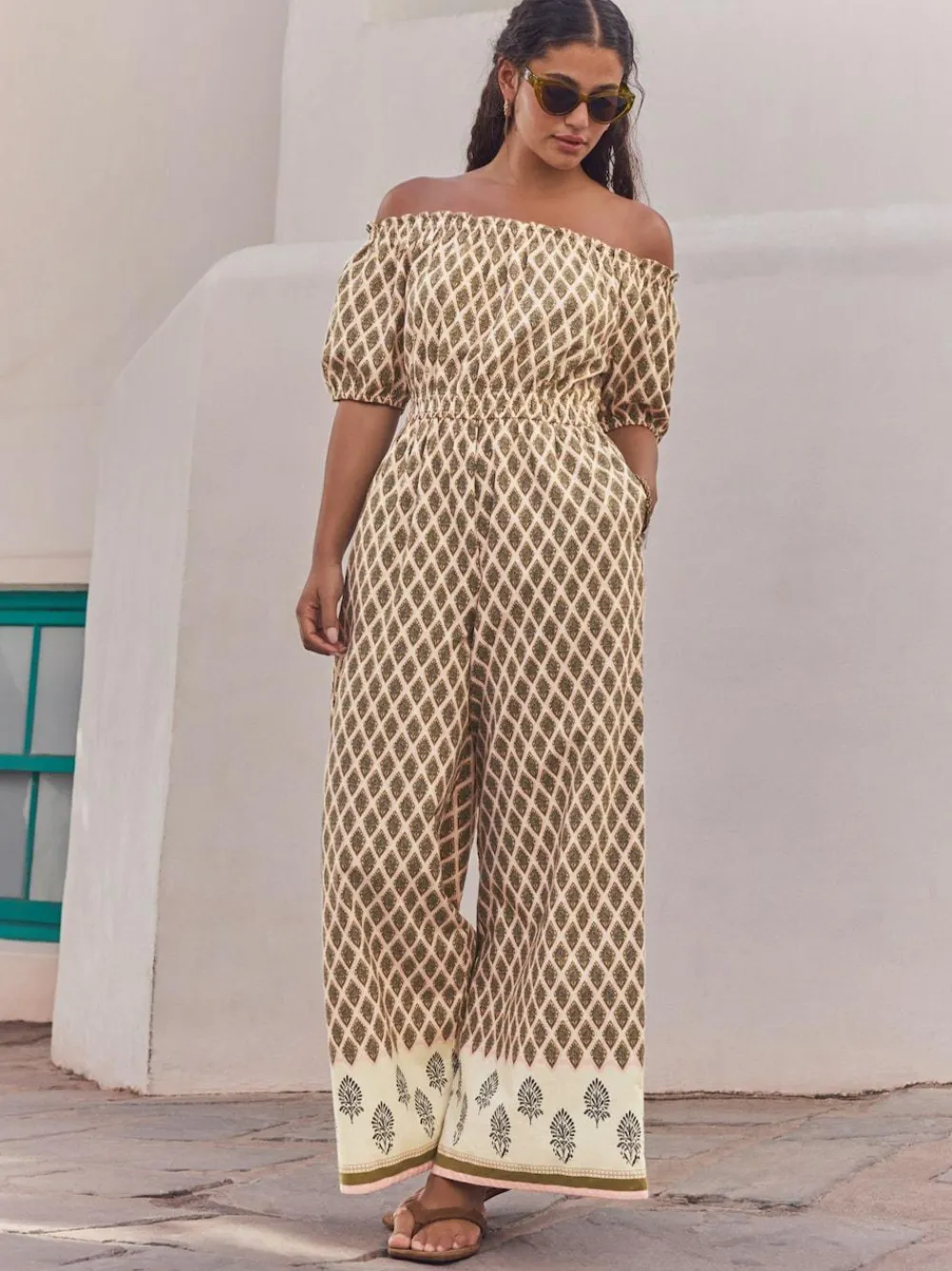 Next Off Shoulder 100% Cotton Wide Leg Jumpsuit Khaki Green