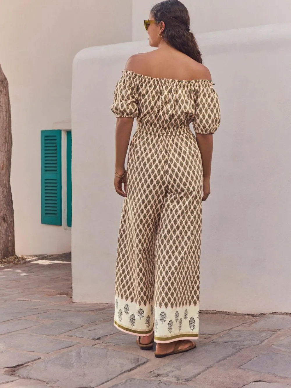 Next Off Shoulder 100% Cotton Wide Leg Jumpsuit Khaki Green