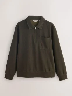Clearance Next Soft Rib Texture Quarter Zip Neck Fleece Khaki Green