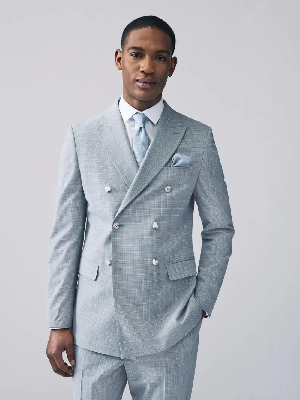 Next Light Blue Double Breasted Check Suit Jacket^ Blue Suits