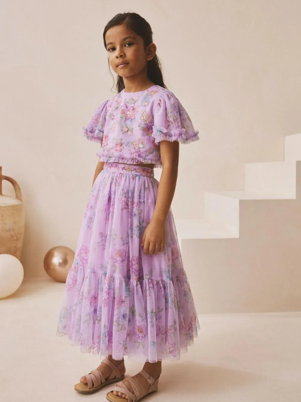 Next Lilac Purple Floral Embellished Top and Skirt Lehenga Set (3-16yrs)^ Shorts & Skirts
