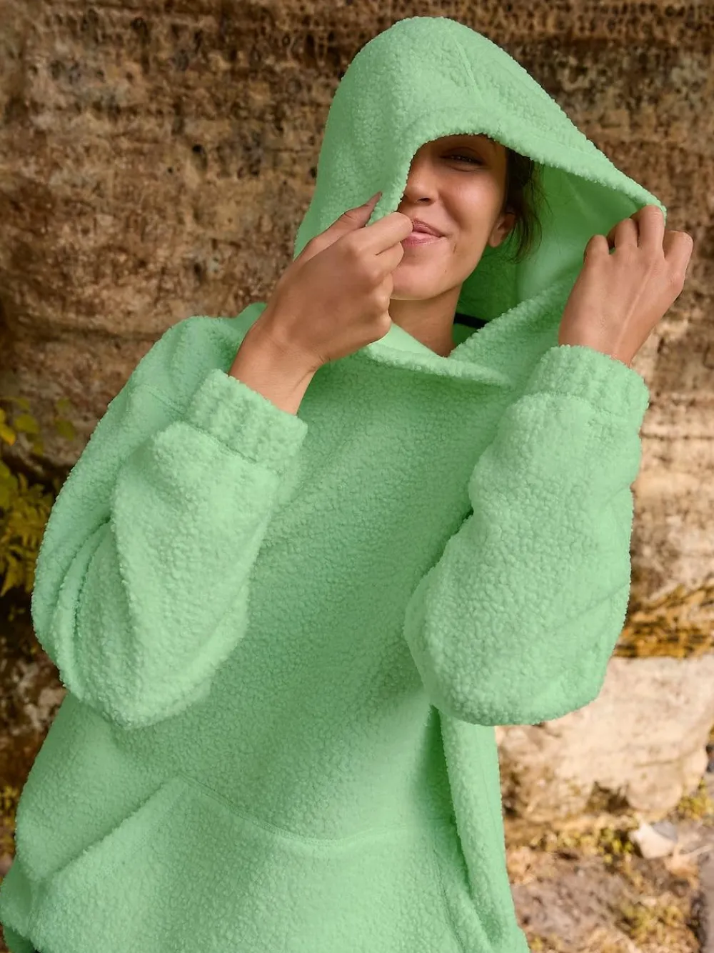Online Next Soft Teddy Borg Longsleeve Hoodie Lime Green