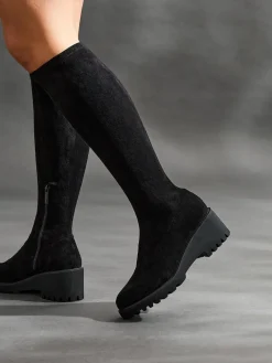 New Linzi Kortina Brown Suede High Leg Boots With Wedged Heel Black