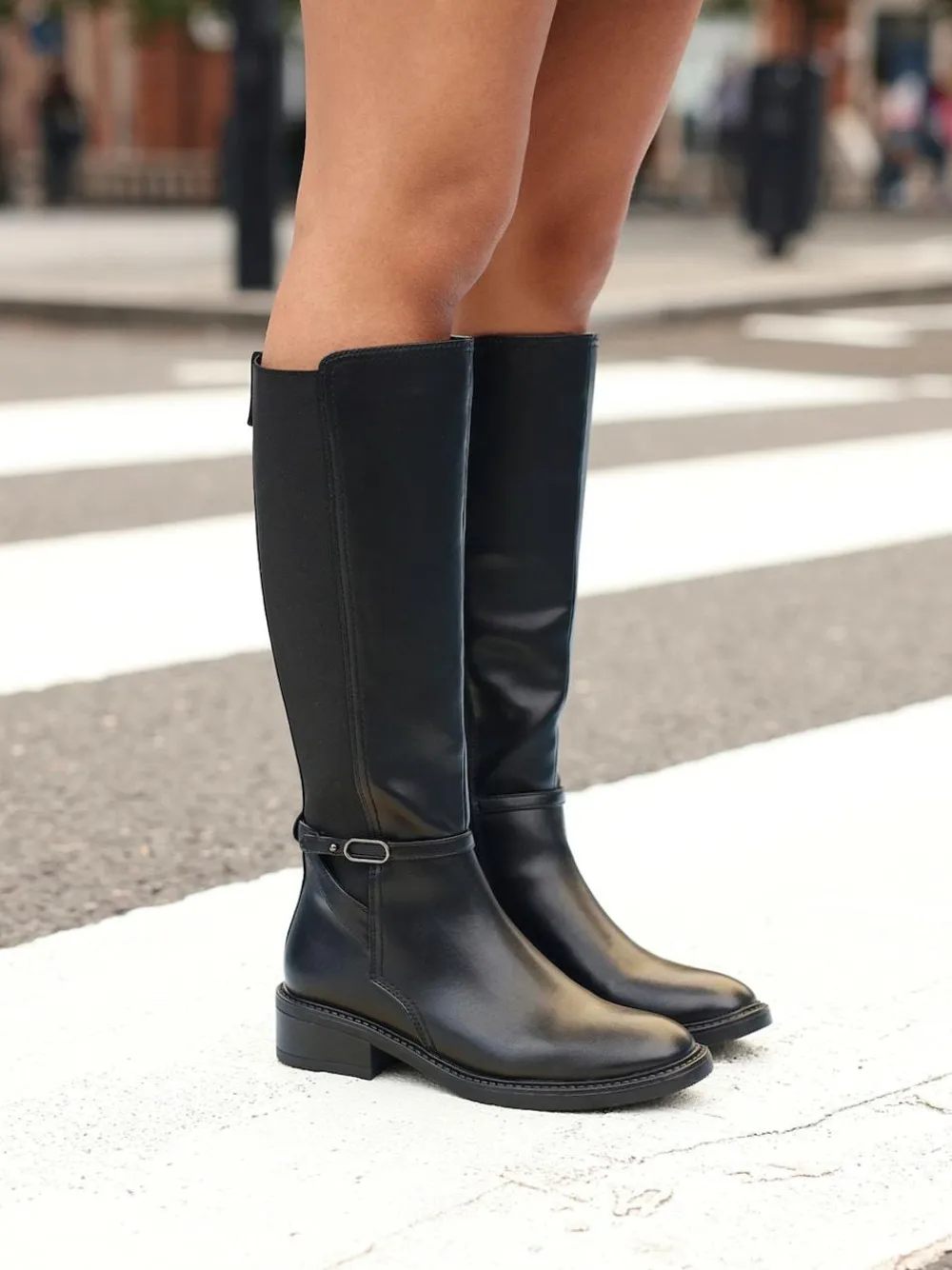 Online Linzi Power High Leg Boots With Stretch Side Panel and Buckle Detail Black
