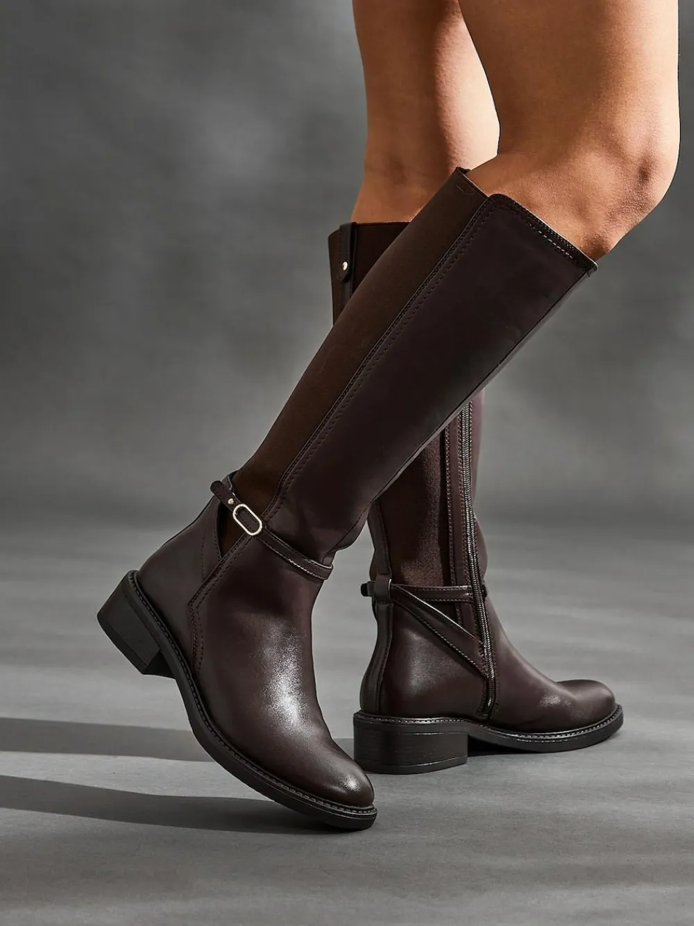 Best Linzi Power High Leg Boots With Stretch Side Panel and Buckle Detail Brown