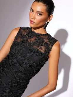 Lipsy Black Petite 3d Floral Mesh Midaxi Bodycon Dress^Women Occasion Dresses|Midi Dresses