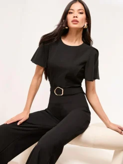 Hot Lipsy Petite Short Sleeve Hardware Jumpsuit Black