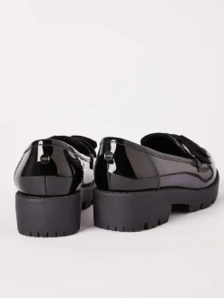 Lipsy Black Standard Fit (F) Patent Chunky Bow Slip On Loafer School Shoes^ Boots