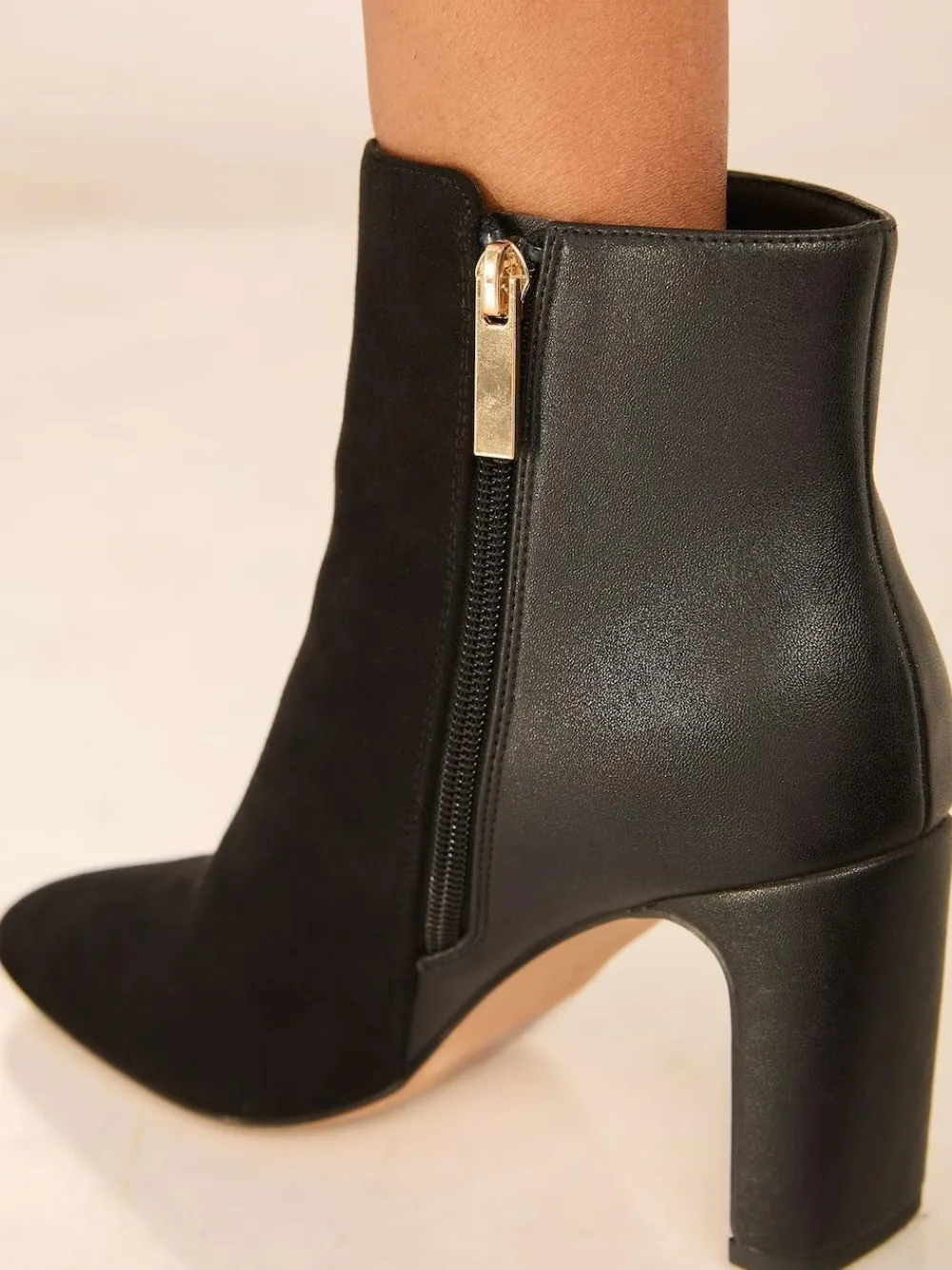 Lipsy Black Standard fit Faux Leather Mixed Material Mid Block Heeled Smart Ankle Boots^Women Boots & Wellies|Boots