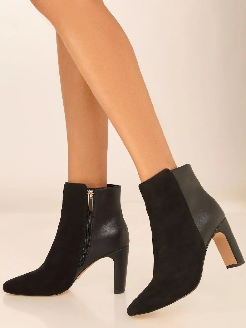 Lipsy Black Standard fit Faux Leather Mixed Material Mid Block Heeled Smart Ankle Boots^Women Boots & Wellies|Boots