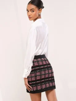 Lipsy Black/Red Checked Boucle Trim Detail Knitted Mini Skirt^Women Skirts