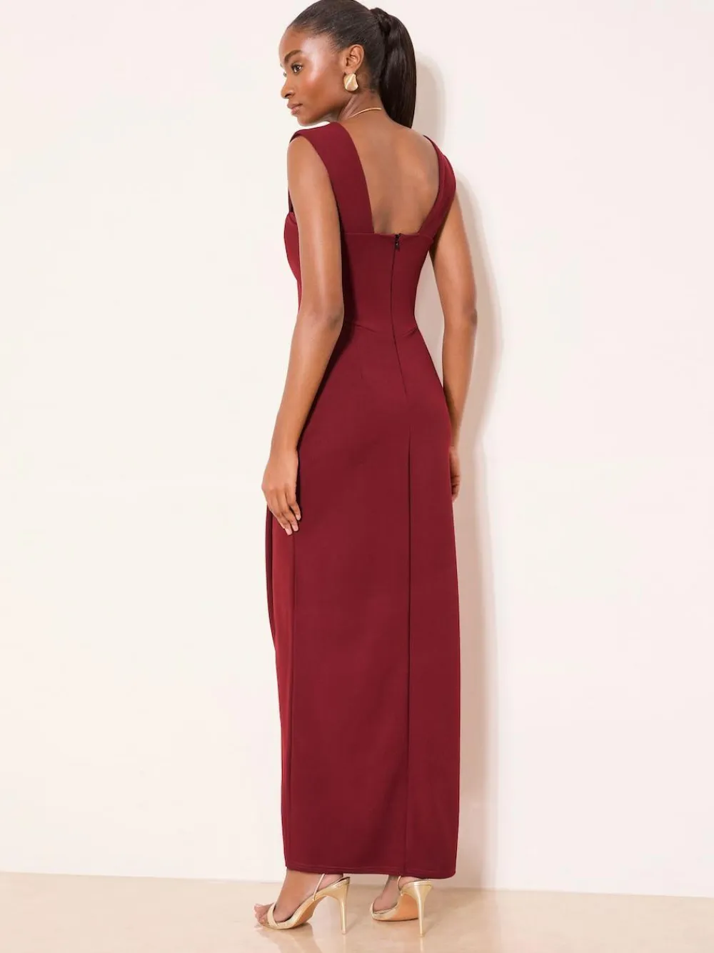Best Lipsy Square Neck Short Sleeve Ruched Maxi Dress Burgundy Red