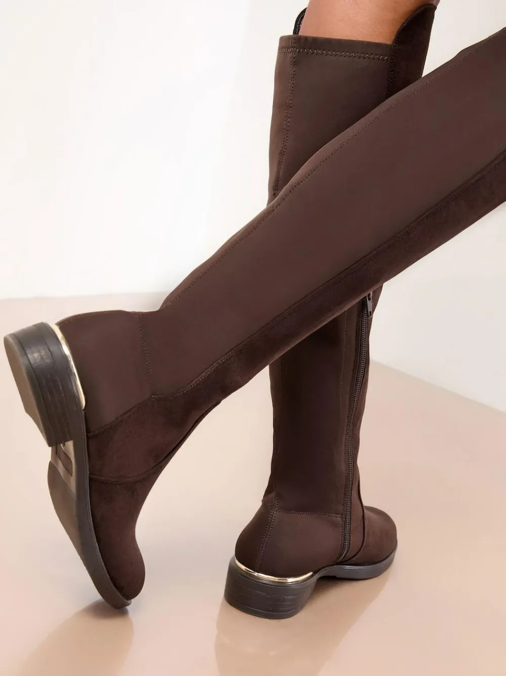 New Lipsy Wide Fit Faux Suede Elasticated Flat Knee High Casual Boots Chocolate Brown
