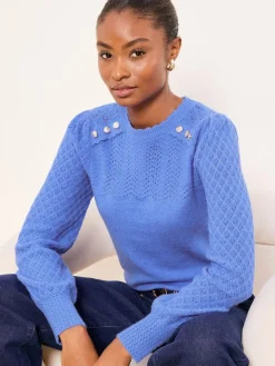 Lipsy Pointelle Stitch Long Sleeve Crew Neck Knit Jumper Cobalt Blue Buttoned