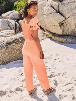 New Lipsy Coral Orange Crochet Holiday Shop Jumpsuit (5-16yrs)
