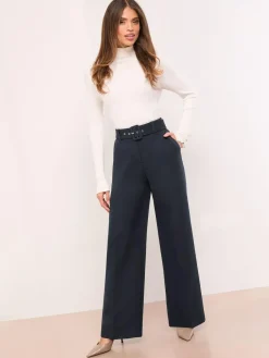 Lipsy Navy Blue Petite Belted Tailored Wide Leg Trousers^Women Pants