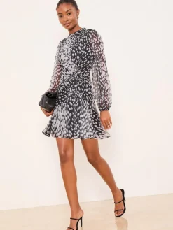 New Lipsy Neutral Animal Print Gathered Waist Woven Mini Dress