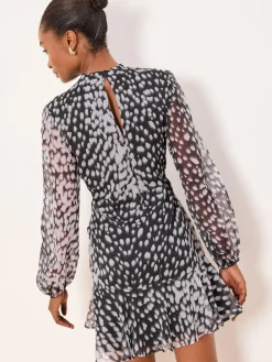 New Lipsy Neutral Animal Print Gathered Waist Woven Mini Dress