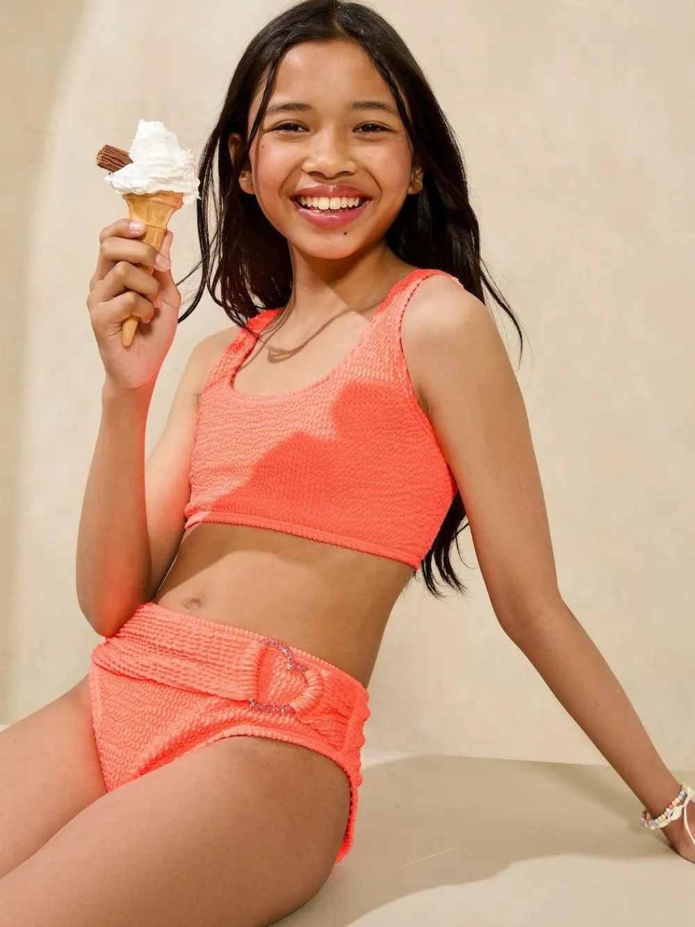 Lipsy Orange Heart Buckle Scoop Neck Textured Bikini (5-16yrs)^ Swimwear