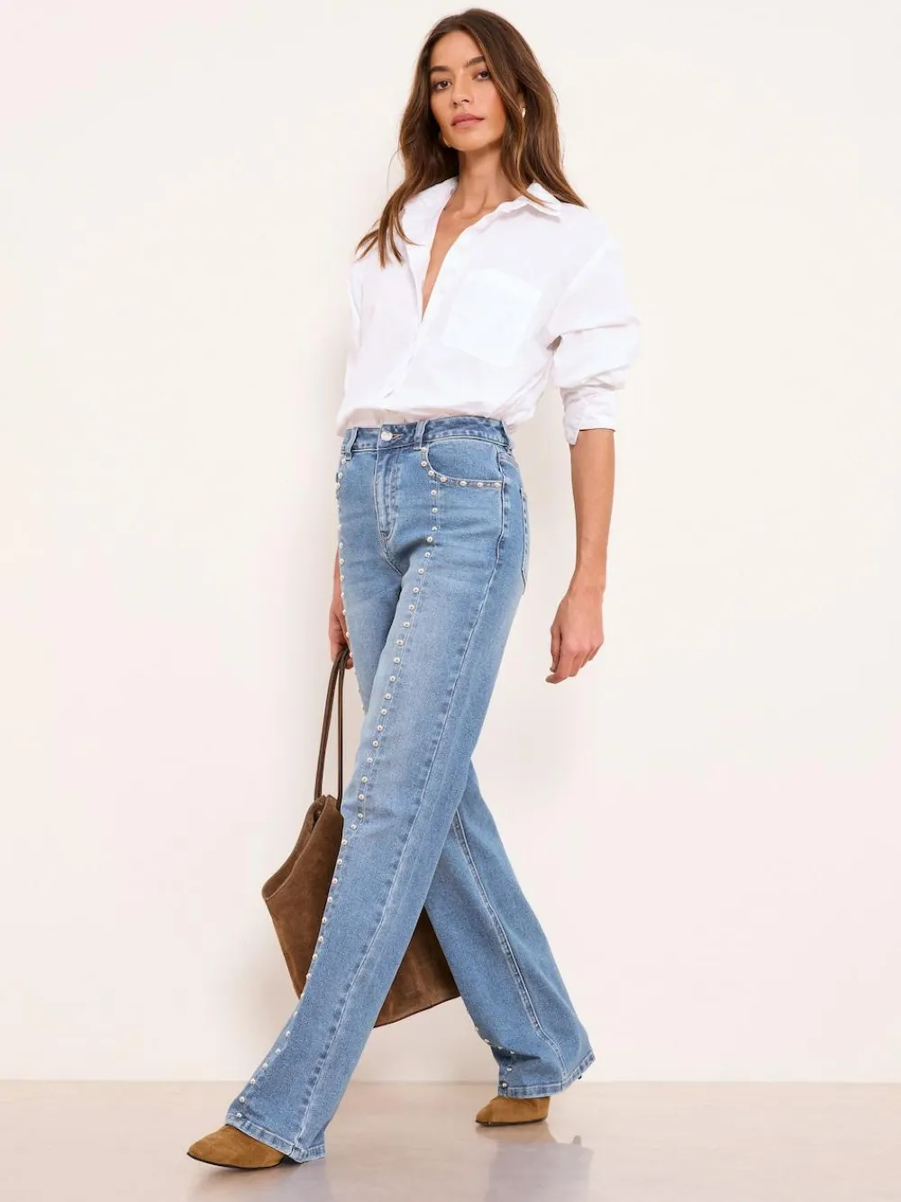 Outlet Lipsy Wide Leg Jeans Studded Mid Wash Blue