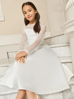 Lipsy White Holy Communion Long Sleeve Lace Satin Occasion Dress (7-11yrs)^ Occasionwear|Dresses